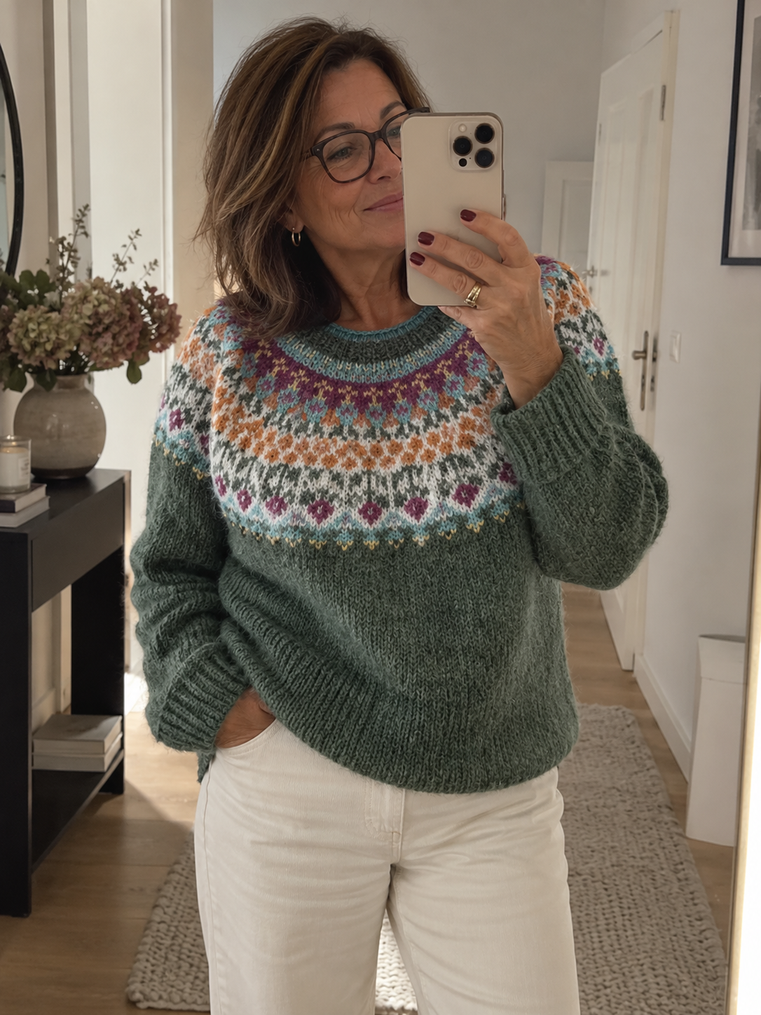 Lora customer wearing knitwear
