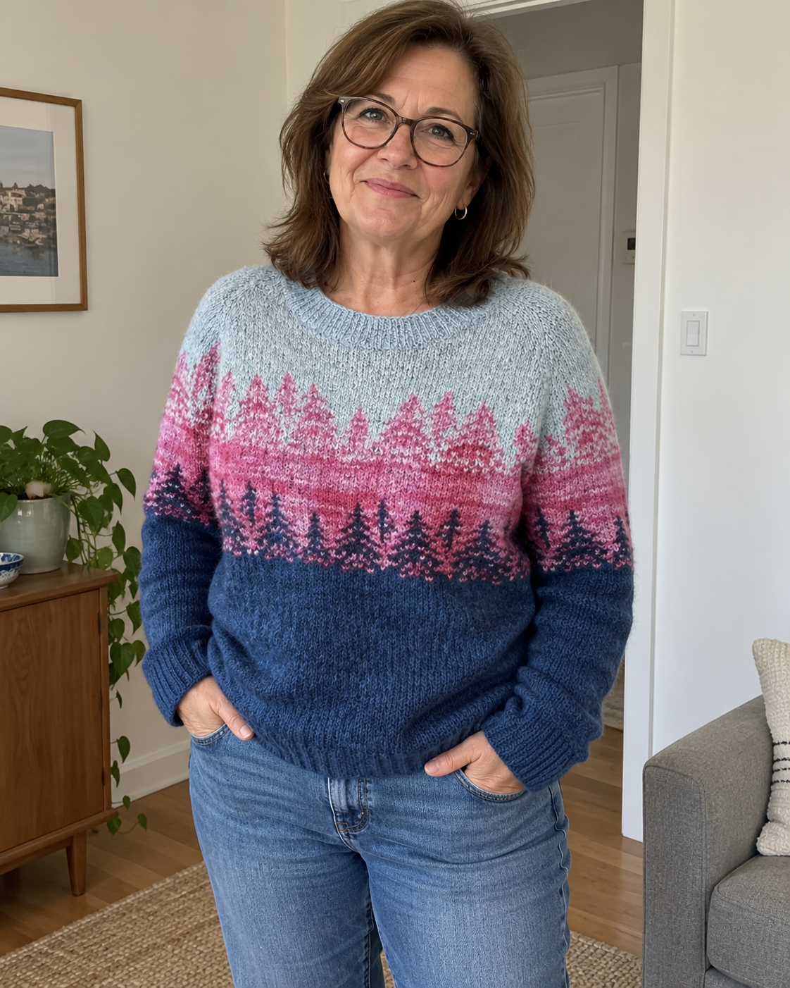 Lora customer wearing knitwear